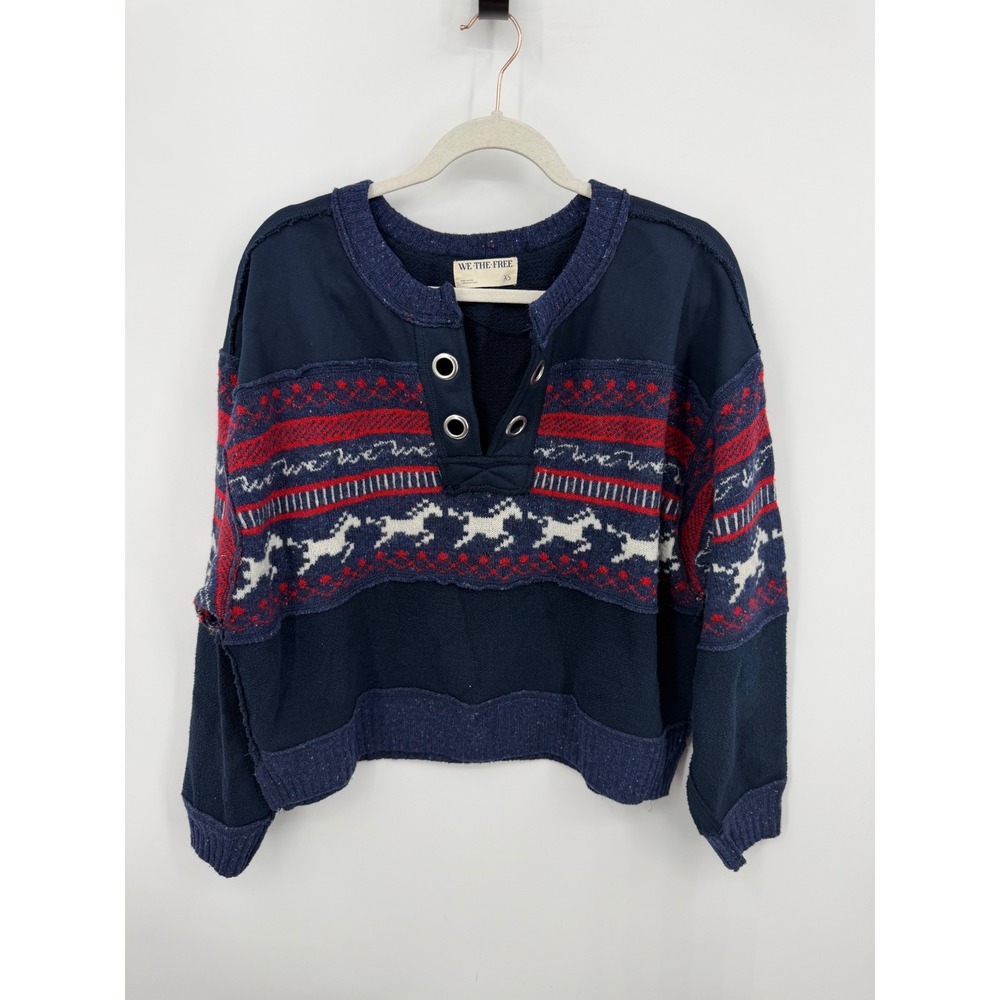 We The Free Free People Running Wild Pullover Sweatshirt XS Navy Horse Fair Isle